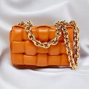 Luxury Woven Leather Crossbody Bag - Orange with Gold Chain